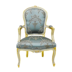 Cadeira De Braço Madeira Folha Ouro T. Azul Arabescos - LUXdécor