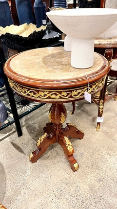 Mesa Lateral Redondo Neoclasssica Madeira de Faia Torneado Bronze Incrustado Luxo - LUXdécor