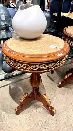 Imagem do Mesa Lateral Redondo Madeira de Faia Torneado Bronze Incrustado Luxo