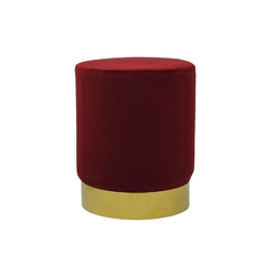 Puff Metal Redondo Dourado Estofado Vermelho