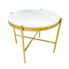 Mesa de Canto Redonda Metal Dourado Tampo em Marmore Base em Xis