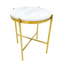 Mesa Lateral Redonda Metal Dourado Tampo em Marmore Base em Xis