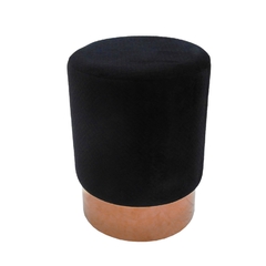 Puff Redondo Moderno Estofado Preto Base Metal Dourado Luxo