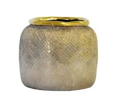 Vaso Rústico 15x15cm Cerâmica Cinza Acabamento Dourado - LUXdécor