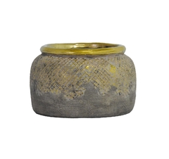Vaso Rústico 14x20cm Cerâmica Cinza Acabamento Dourado - LUXdécor