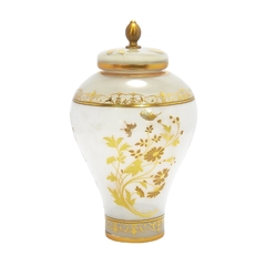 Potiche Maior Cristal Branco Florais Prensado A Ouro