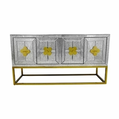 Aparador Em Madeira Restida Com Espelho E Metal Dourado 4 Portas - comprar online