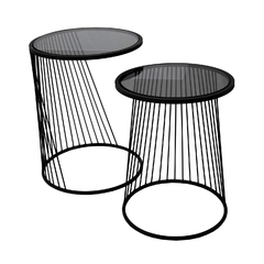 Par Mesinhas Auxiliares Metal Vidro Preto Redonda Luxo