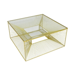 Mesa De Centro Cubo Aramado Metal Dourado C Vidro