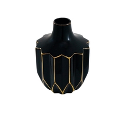 Vaso Menor Ceramica Preta Relevos Ondulados Fios De Ouro - LUXdécor
