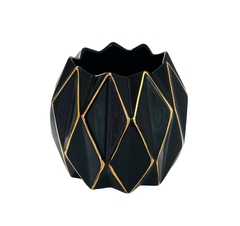 Vaso Medio Cerâmica Preto Geometrico Fios Ouro Prensado - LUXdécor