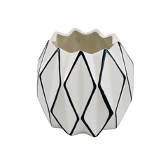 Vaso Medio Cerâmica Branco Design Geometrico Detalhe Preto