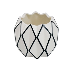 Vaso Pequeno Cerâmica Branco Design Geometrico Detalhe Preto - LUXdécor