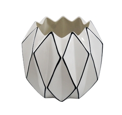 Vaso Cerâmica Branco Design Geometrico Detalhe Preto