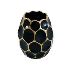Vaso Ceramica Nobre Moderno Preto Dourado Relevo Sextavado