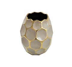 Vaso Ceramica Nobre Moderno Bege Dourado Relevo Sextavado - LUXdécor