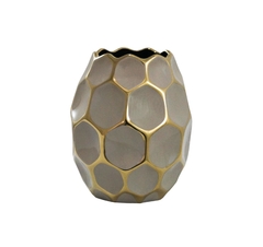 Vaso Ceramica Nobre Moderno Bege Dourado Relevo Sextavado - LUXdécor