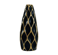 Vaso Cerâmica Maior Preto Com Detalhes Dourado Losango - LUXdécor