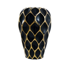 Vaso Cerâmica Maior Preto Claro Detalhes Dourado Moderno - LUXdécor