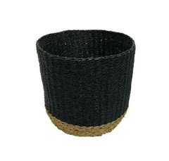 Cesto Decorativo Fibra Natural Preto Redondo Finos Detalhes