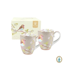 Par De Canecas Porcelana Marrom Claro Passarinho