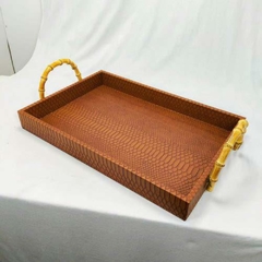 Bandeja Luxo Madeirado Mosaico Alças Bambu Alto Padrão Retangular - comprar online