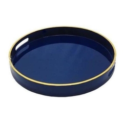 Bandeja Medio Redonda Madeira Azul Filete Dourado - comprar online