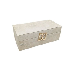 Caixa Decorativa Retangular Madeira Acabamento Courino Bege Detalhe Dourado