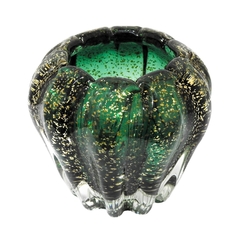 Vaso Cristal Murano Verde Escuro Pó De Ouro Fino Design