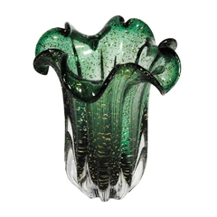Vaso Cristal Murano Verde Escuro Marcas Dourado Lapidados Sinuosos