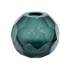 Vaso Murano Italiano Redondo Lapidado Sextavado Verde Escuro