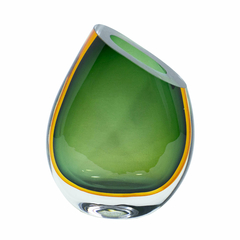 Vaso Murano Italiano Maior Verde Translucido Dourado Boca Inclinada