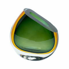 Vaso Murano Italiano Menor Verde Translucido Dourado Boca Inclinada