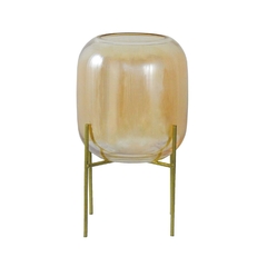 Castiçal Cristal Ambar 20cm Suporte Metal Dourado