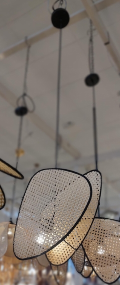 Lustre Pendente Metal Preto Tela Dupla Rattan Design Moderno