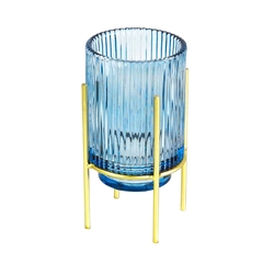 Castiçal Lapidado Azul 18cm Com Suporte Metal Dourado
