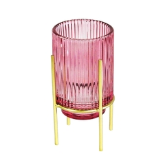 Castiçal Lapidado Rosa 18cm Com Suporte Metal Dourado