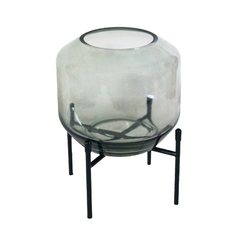 Vaso Cristal Cinza Menor Base Em Metal Preto Industrial