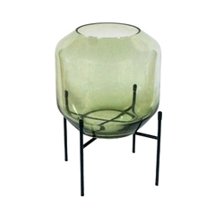Vaso Cristal Verde Medio Base Em Metal Preto Industrial