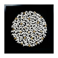 Quadro Decorativo Borboletas Brancas em Circulos Detalhes Dourado