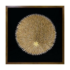 Quadro Decorativo Penas Douradas em Circulo Moldura Preta