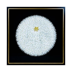 Quadro Decorativo Penas Branca em Circulo Moldura Preta Contemporaneo