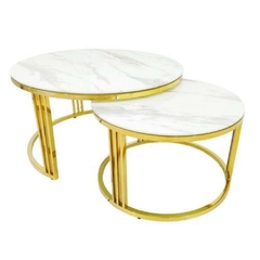 Conjunto Mesas Redondas Metal Dourado Encaixe Alta Decoração