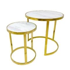 Par de Mesas Laterais Encaixe Metal Dourado Tampo Marmore Branco