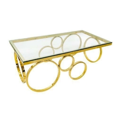Mesa de Centro Retangular Moderna Metal Dourado T Vidro Alto Padrão