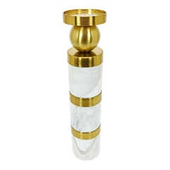 Castiçal Decorativo Maior Redondo Marmore Branco Metal Dourado