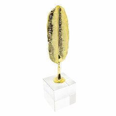 Escultura Decorativa Folha Dourado Metal Base Cristal