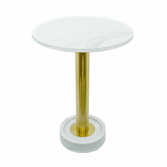 Mesa Lateral Redonda Metal Dourado Base e Tampo Marmore Alto Padrão