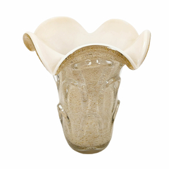 Vaso Decorativo Menor Bege Murano Relevos Pigmentos Borda Curvada Fino Design