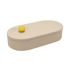 Caixa Decorativa Couro Texturizado Oval Enfeite Esfera Metal Dourado